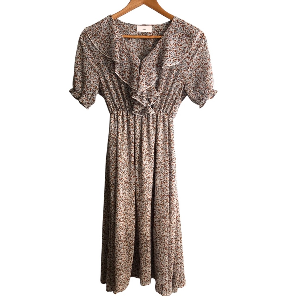 Cottagecore Ditsy Floral Midi Dress Ruffled Neckline Empire Waist Sheer Pullover - Picture 5 of 11